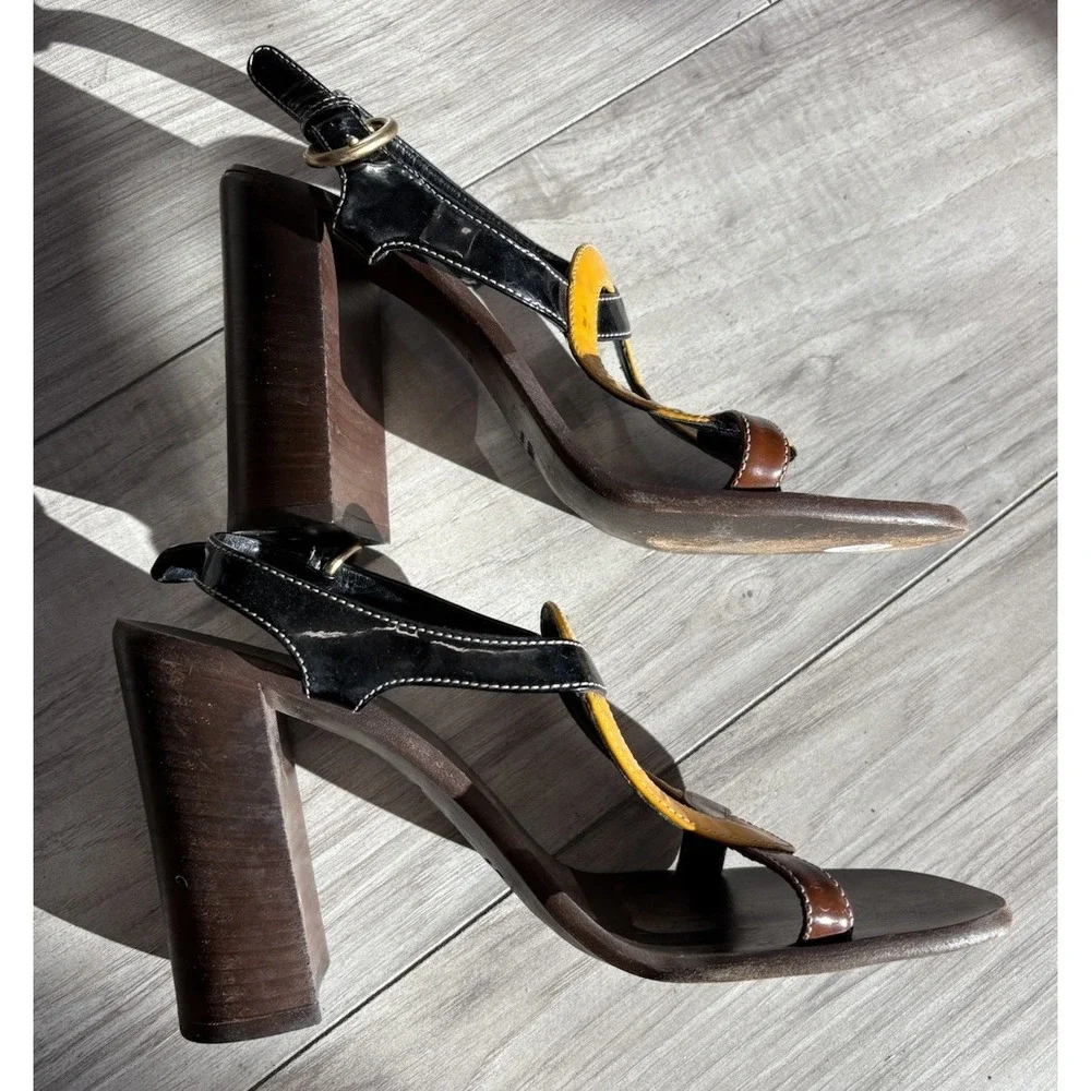 Miu Miu Colorblock Strap Women's Patent Leather Sandal Sz 38 Stacked Wood Heel - Picture 4 of 9